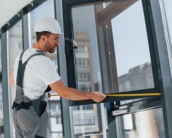 Holding window. Repairman is working indoors in the modern room.