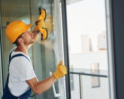 In protective hard hat. Young man working in uniform at construction at daytime.