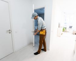 Installation of a lock on the front wooden entrance door. Portrait of young locksmith workman in blue uniform installing door knob. Professional repair service. Maintenance Concept.