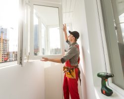 Worker sealing plastic window with caulk indoors. Installation process. High quality photo